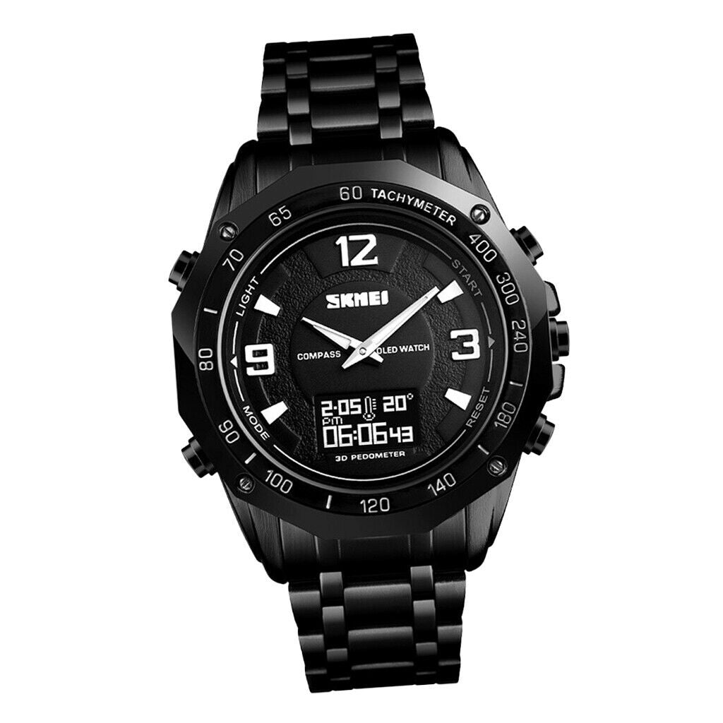 Men Steel Analog Digital Watch Led Sport Military Wristwatch Black