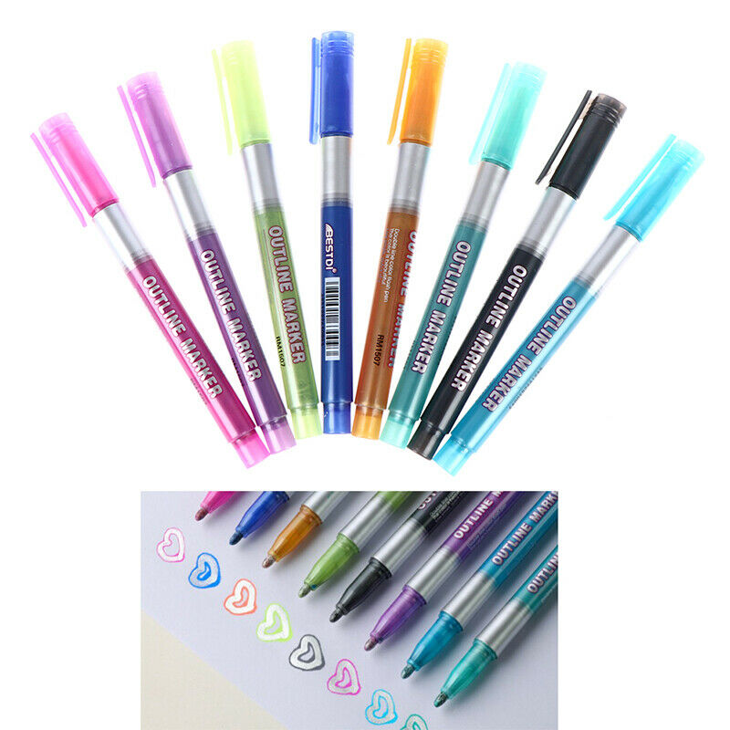 8pc Color Card Writing Drawing Double Line Outline Pen Highlighter Marker P Qx