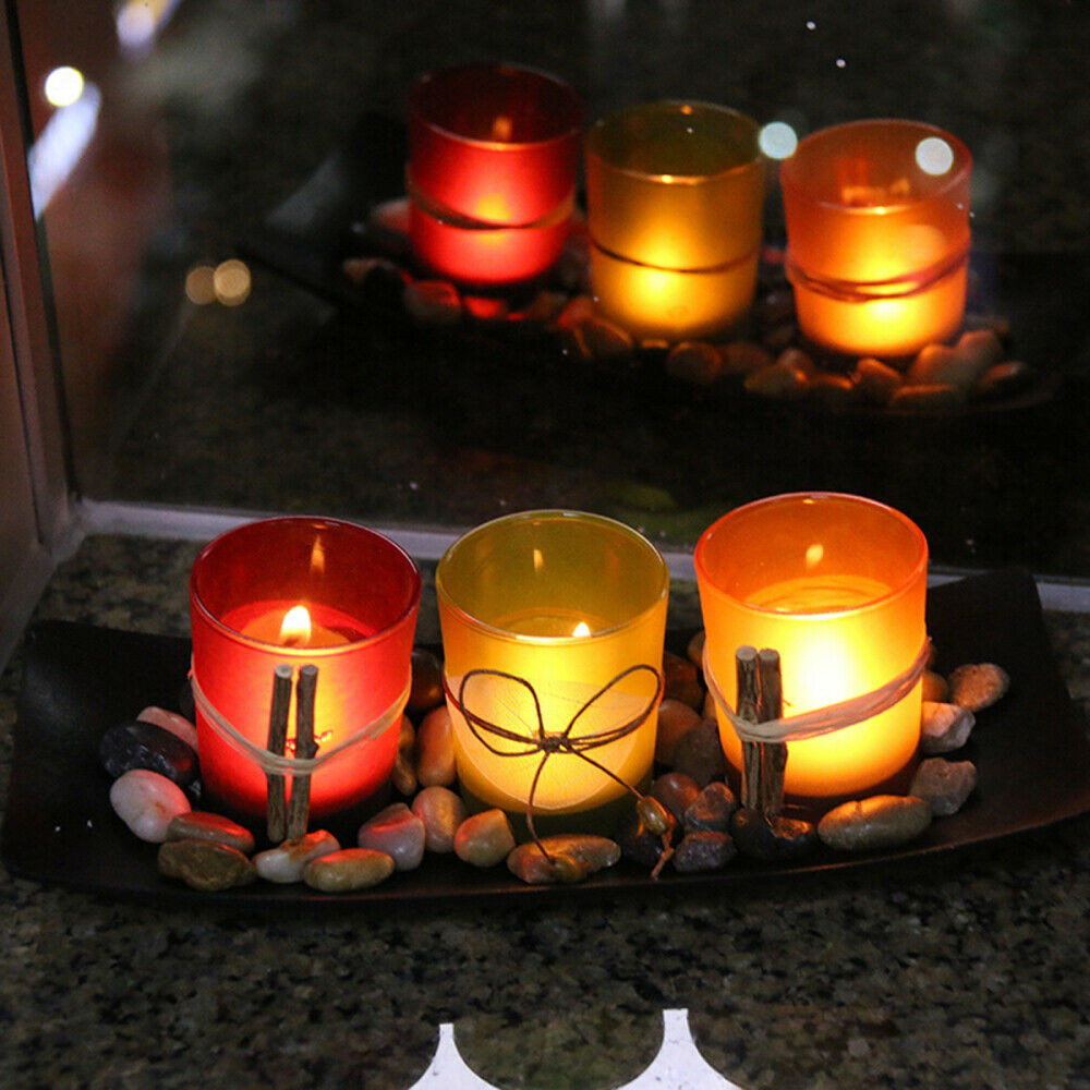 Glass LED Candle Holder Tray With Ornamental Stones for Dining Room Table Decor