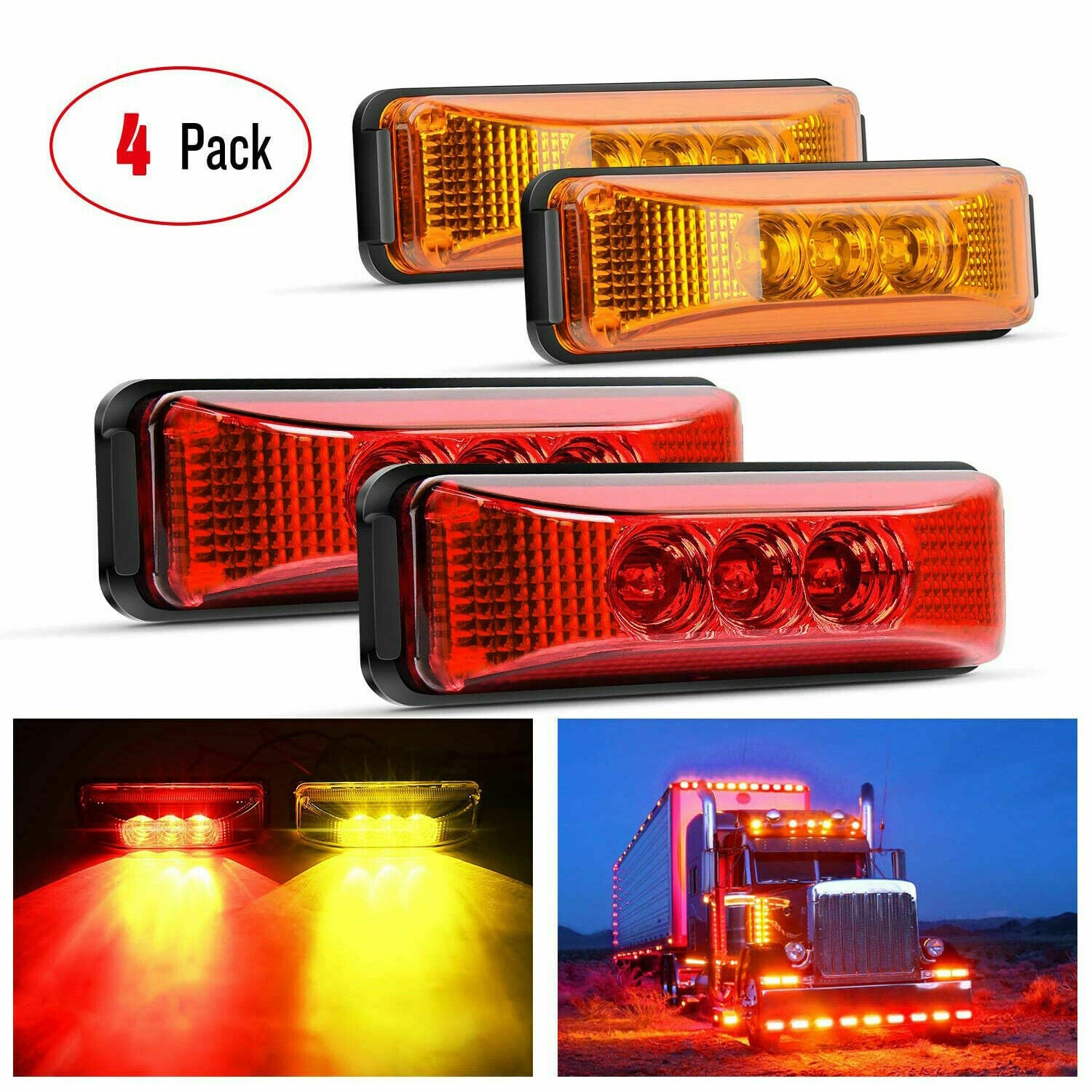 4x 3.9" Red Amber 3-LED Side Marker Lights Clearance Light Truck Trailer RV 12V