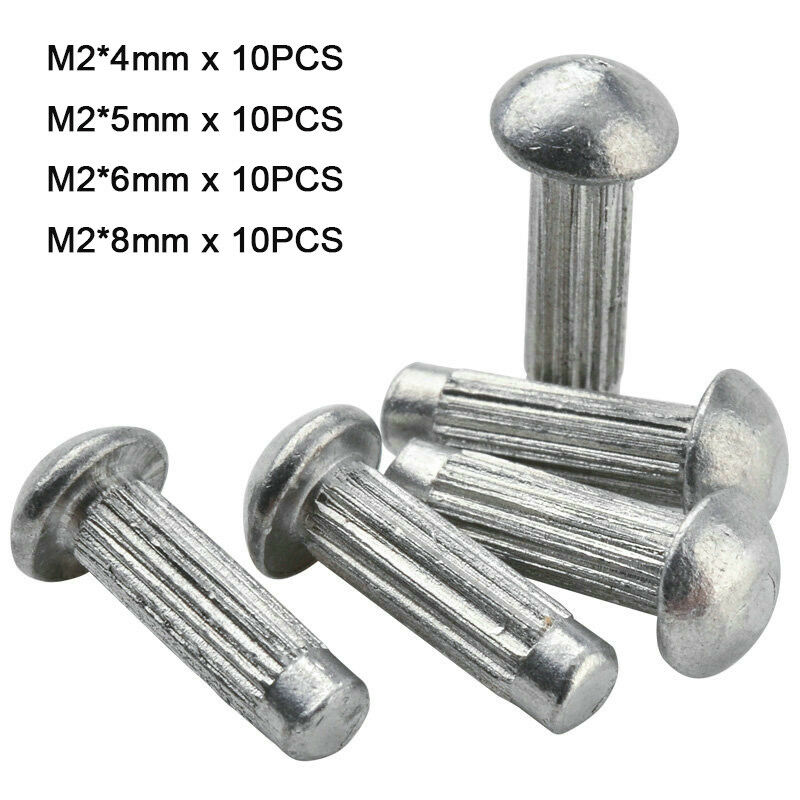 40Pcs M2 Round Pan Head Knurling Rivet Solid Aluminum Rivets Kit - L4~8mm