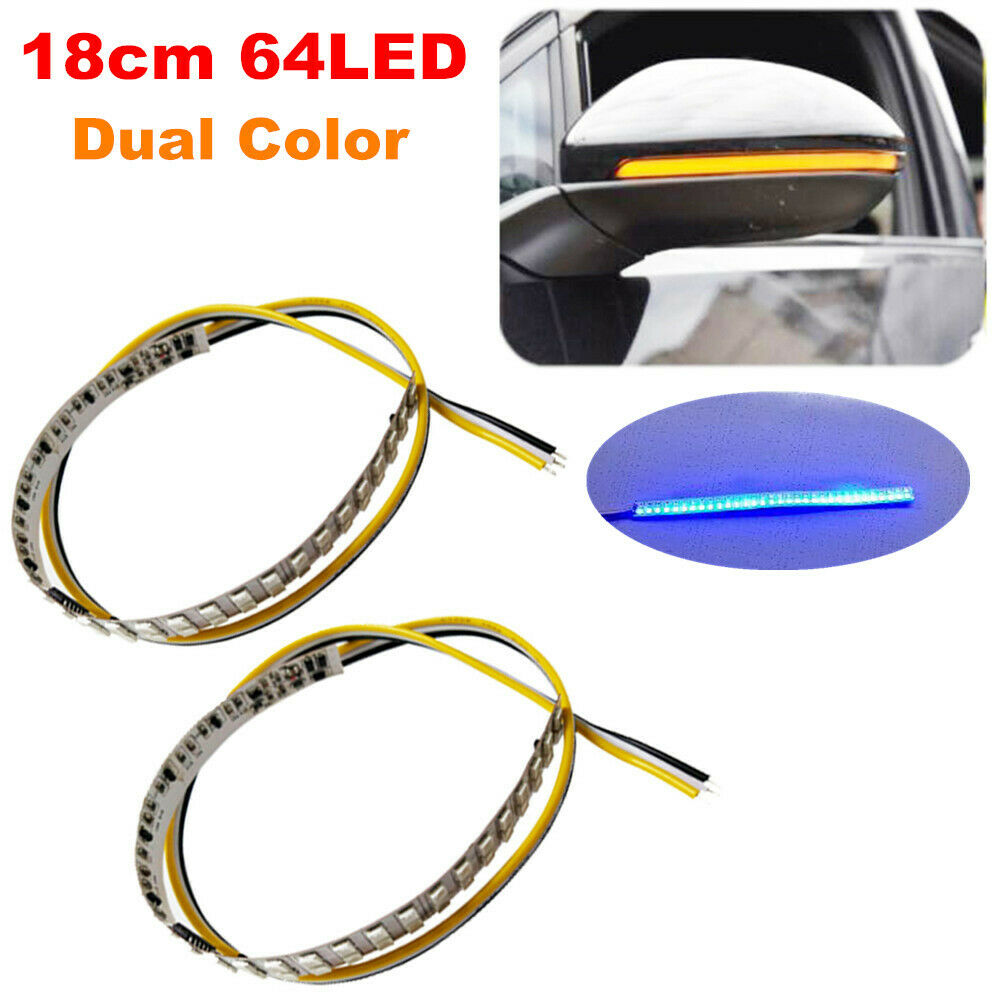 2PCS 18cm 64LED Car Rearview Mirror Turn Signal Light Indicator Blue& Amber Lamp