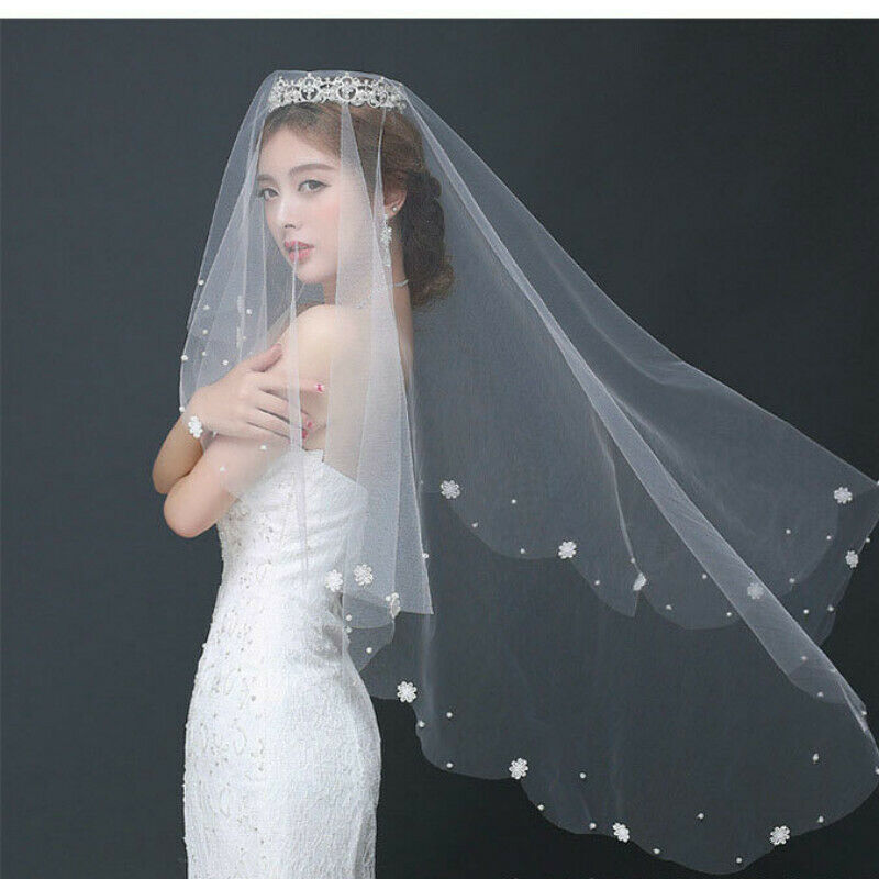 Elbow Length Wedding Bridal Veils Floral Lace Edge Beaded White Accessories New
