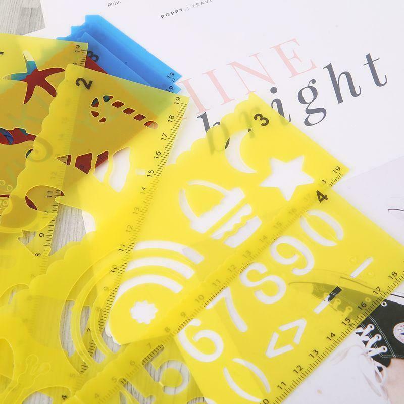 12Pcs Kids Cartoon Drawing Molds Ruler Plastic Children Painting Stencils DIY