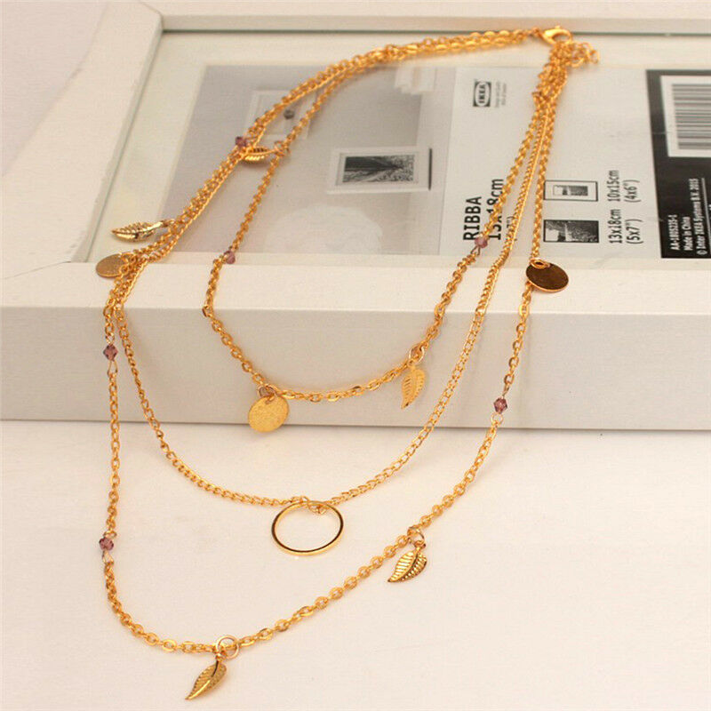 Bohemian Leaf Crystal Necklace Multilayer Long Necklace Women Pendant Neck.l8