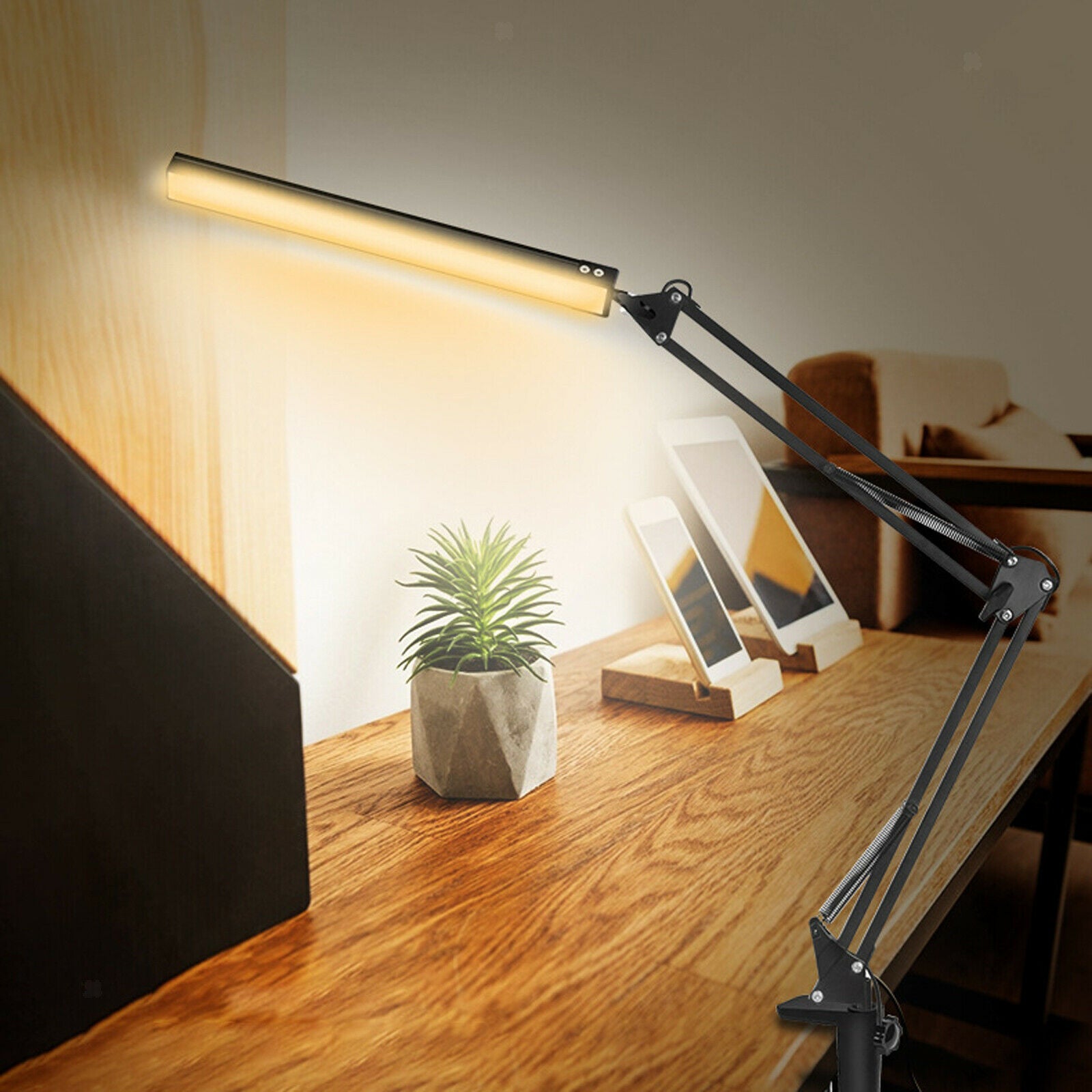 Swing Arm LED Desk Lamp with Clamp, with 3 Color Modes Dimming Light
