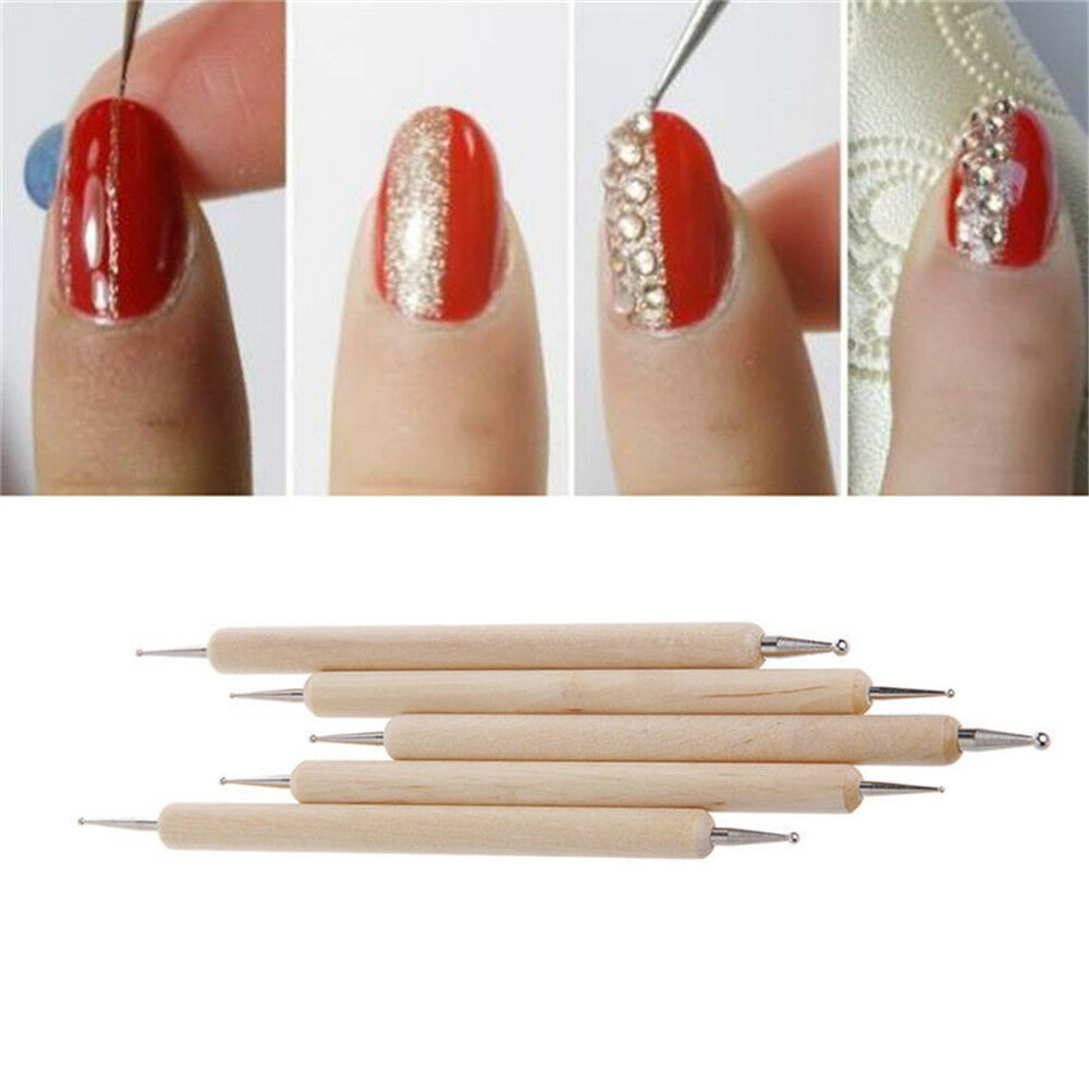 NEW5Pcs/set Nail Art Dotting Dot Pen 2-Way Wooden Marbleizing Manicure Tools DIY