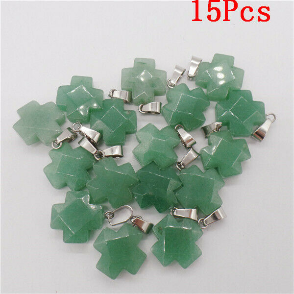 15Pcs 16x7mm Natural Green Aventurine Faceted Cross Pendant Bead DIY HH9522