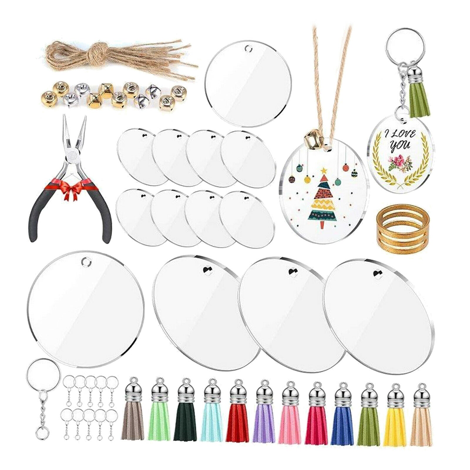 74Pc Acrylic Transparent Circle Blanks Keychain Tassels Set Including Acrylic