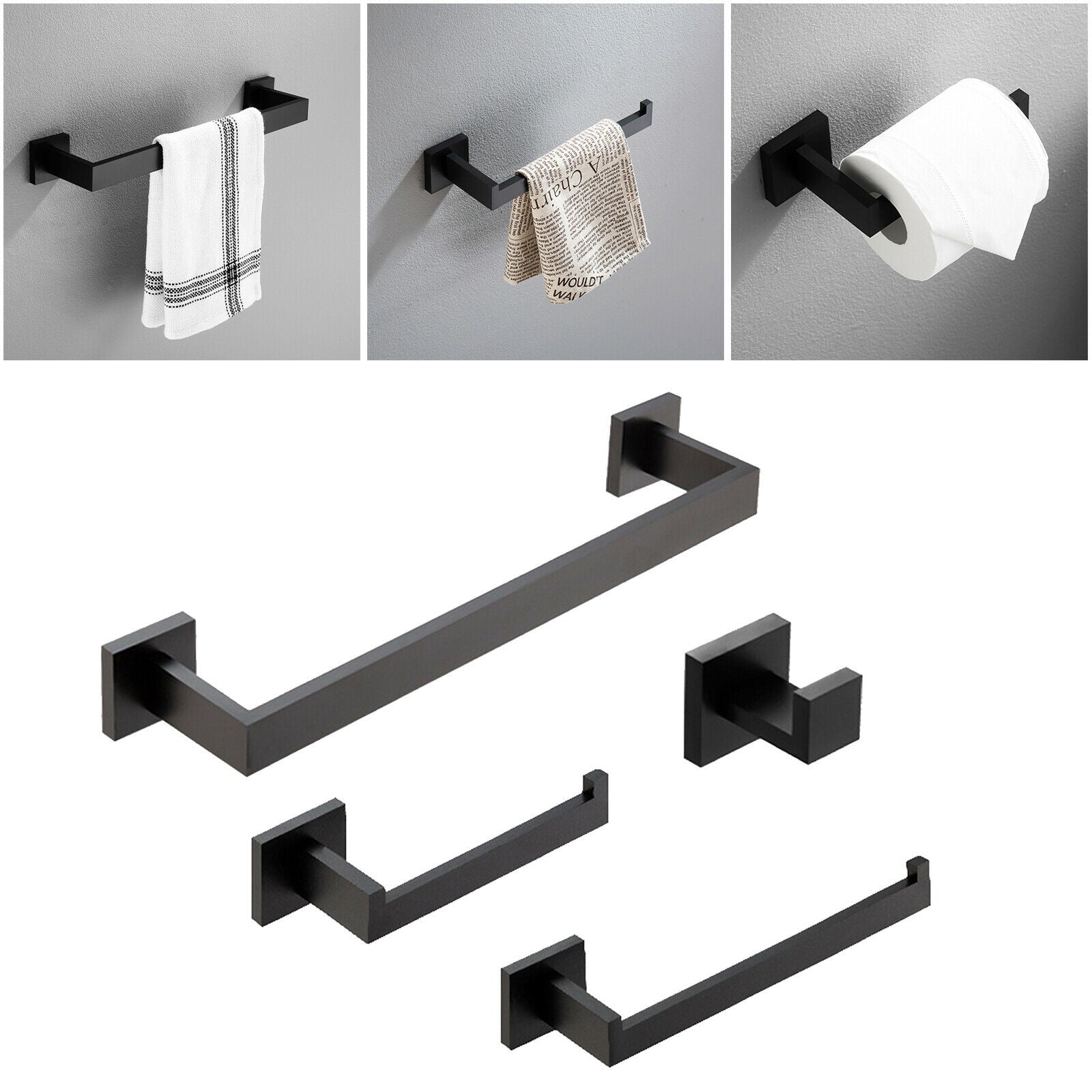 Matte Black Bathroom Hardware Set Wall Mounted Includes 16" Hand Towel Bar