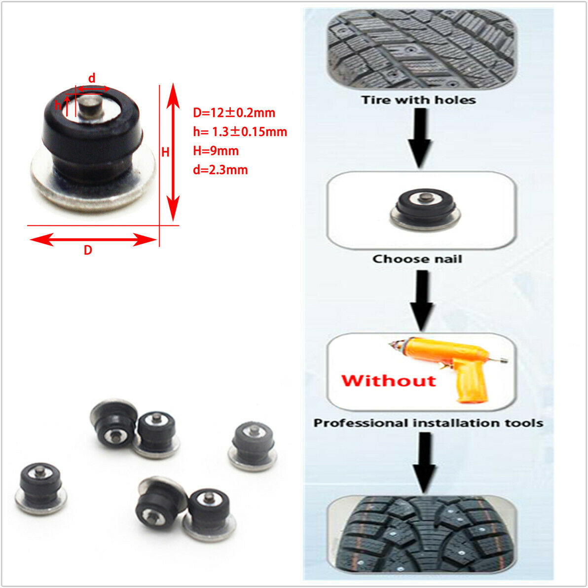 Car Truck Tires Studs Spike Wheel 12x9mm Snow Chains Winter Universal 100pcs/set