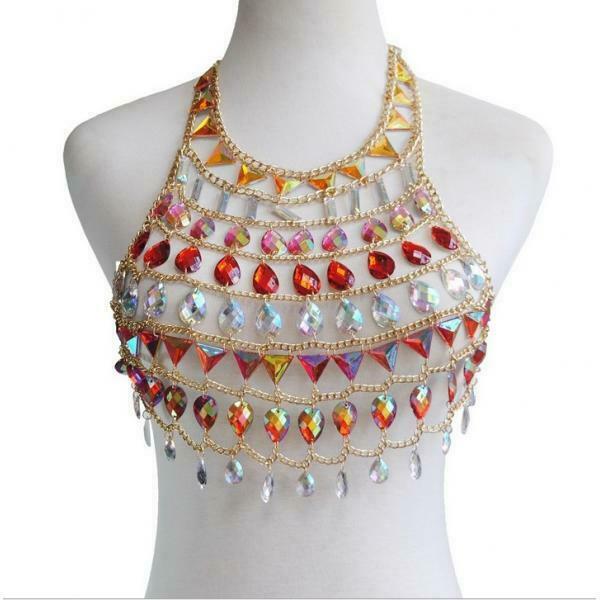 Female Sexy Layered Rhinestone Body Chain Fringe Bikini Bra Chest Chains