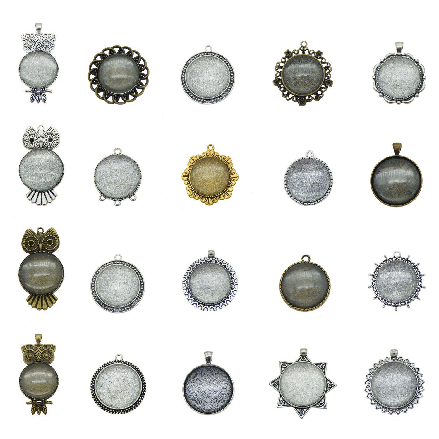 5 sets Metal Blanks with Round 30mm Clear Glass Cabochons Pendants Send Randomly