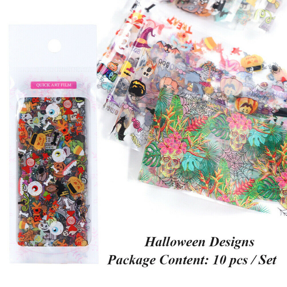 10Pcs Halloween Nail Stickers Pumpkin Skeleton Nail Art Stickers Tip Foil Decals