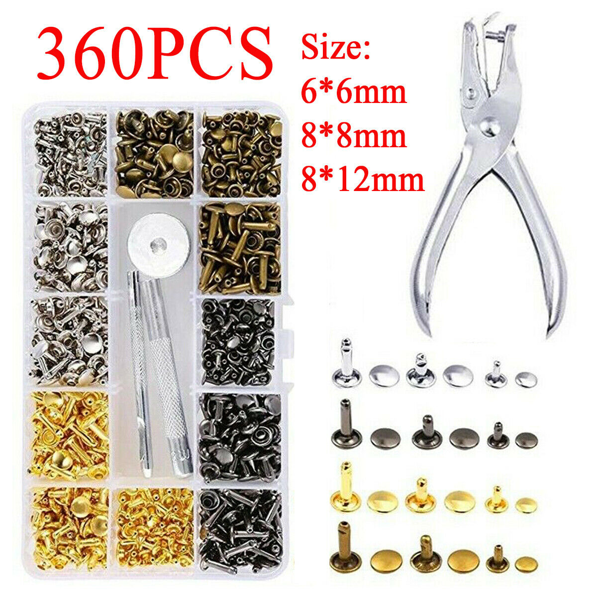 360Pcs 3 Sizes Leather Rivets Double Cap Rivet Tubular Metal Studs DIY Tool Kit