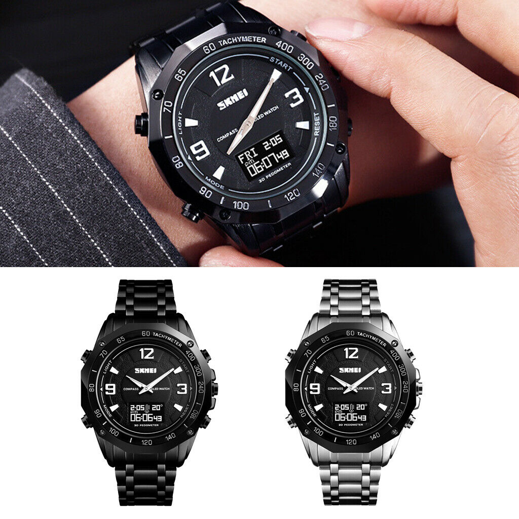 Men Steel Analog Digital Watch Led Sport Military Wristwatch Black
