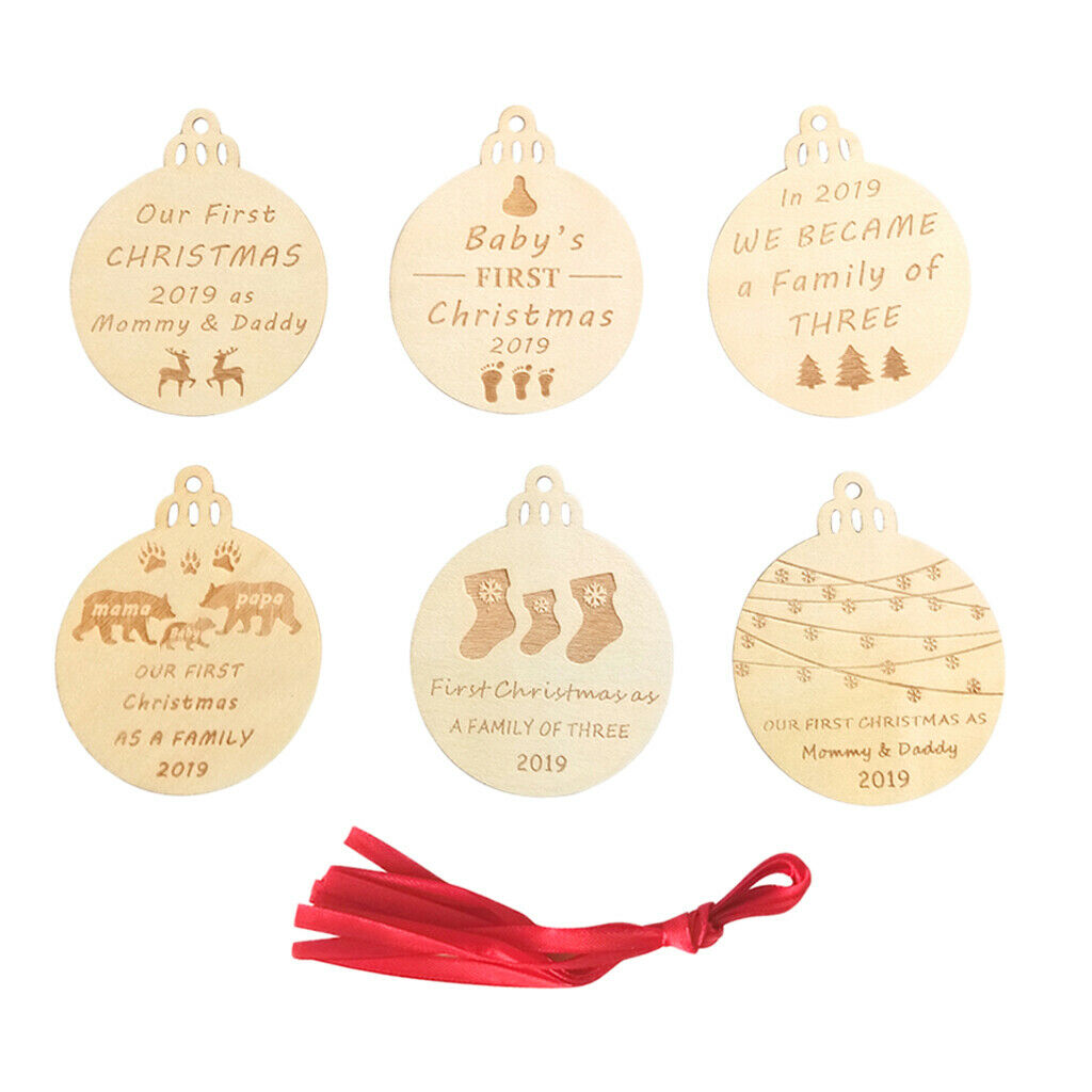 6Pc Wood Christmas Bulb Shaped Wood Pieces Ornaments Hanging Xmas Tree Decor