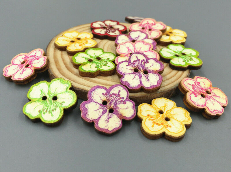 50X Wooden sewing buttons scrapbooking Cherry blossoms shape Embellishments 25mm