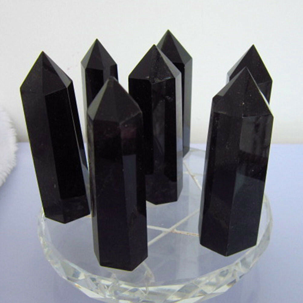 Charm Natural Obsidian Black Quartz Crystal Stone Point Healing Hexagonal Wand