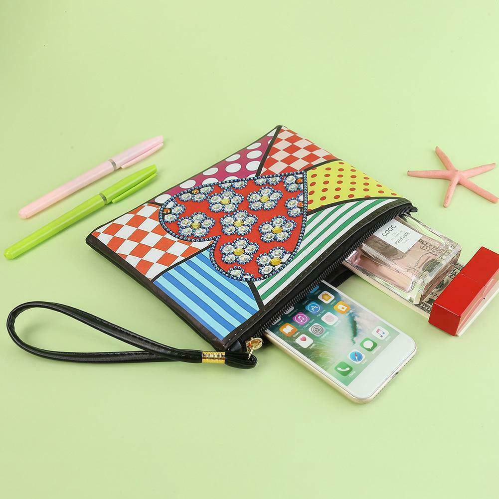 DIY Heart Special Shape Diamond Painting Women Wristlet Purse Zipper Clutch @
