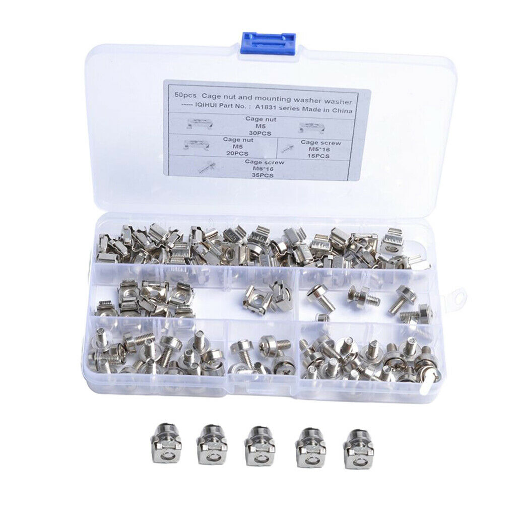 100pc M5x16mm Carbon Steel Cage Nut w Screws Washers for Server Rack Cabinet