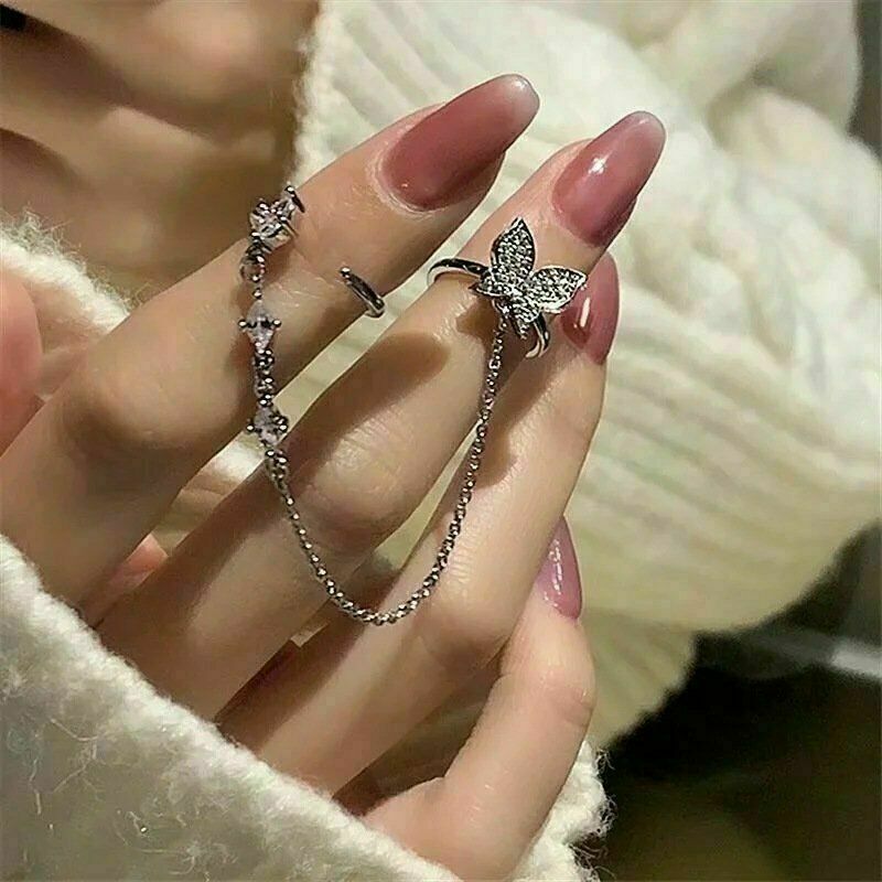 Women 925Silver Butterfly Zircon Ring Adjustable Chain Open Ring Party Jewelry.