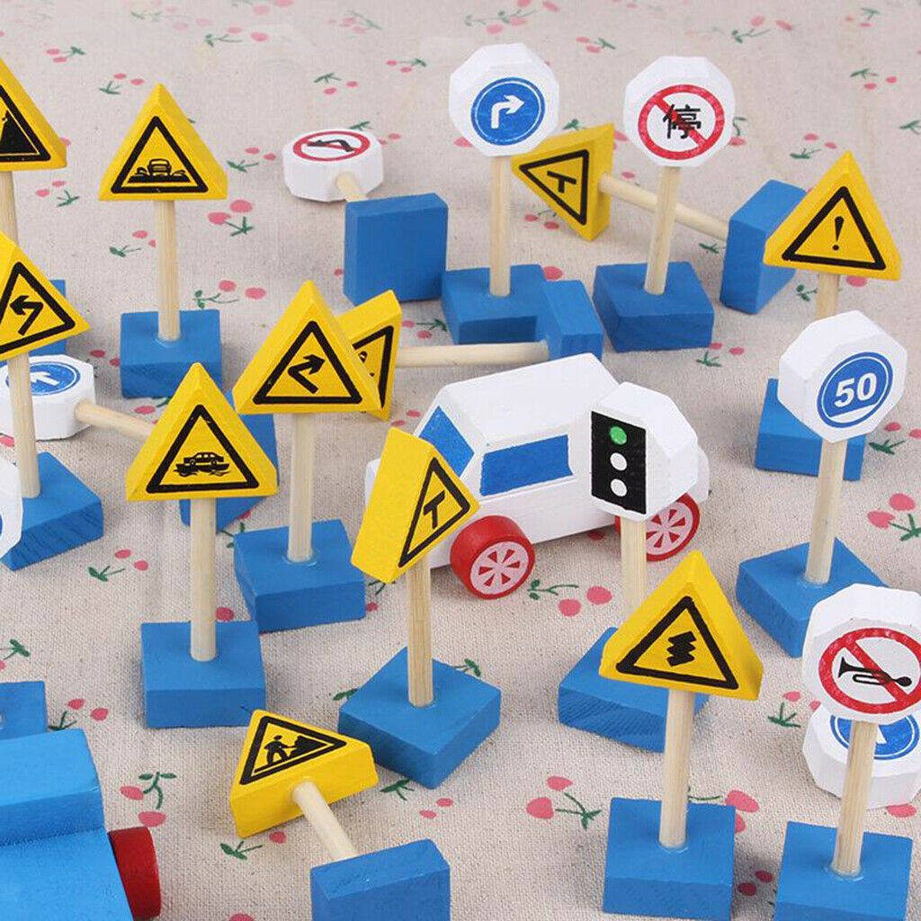 Wooden Street Signs Playset with Mini Vehicles Car Kids Educational Toys for