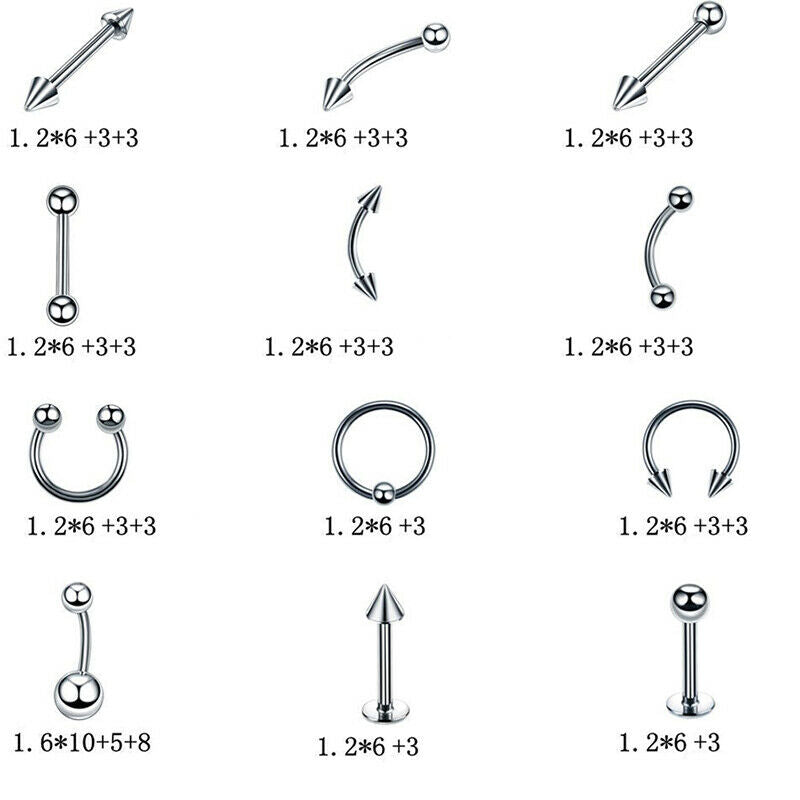 60Pcs Steel Mixed Nose Lip Eyebrow Tongue Belly Bar Ring Body Piercing Je.l8