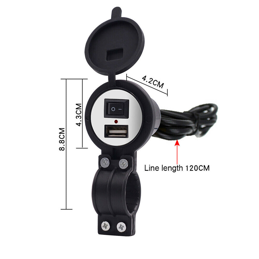 12V 2.1A USB Car Motorcycle Charger w/ Switch Socket Plug Adapter Waterproof NEW