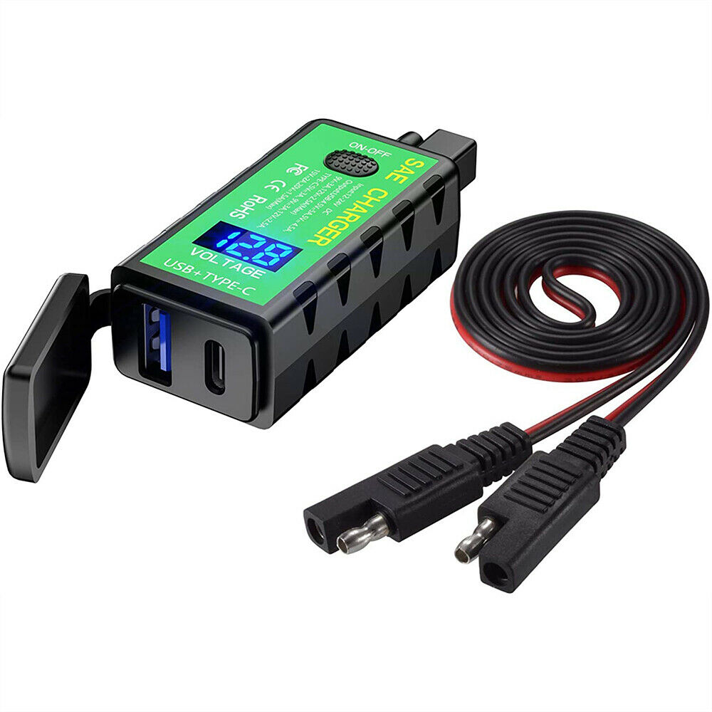 Motorcycle USB Charger SAE to USB Adapter With Voltmeter & ON/Off Switch 30W