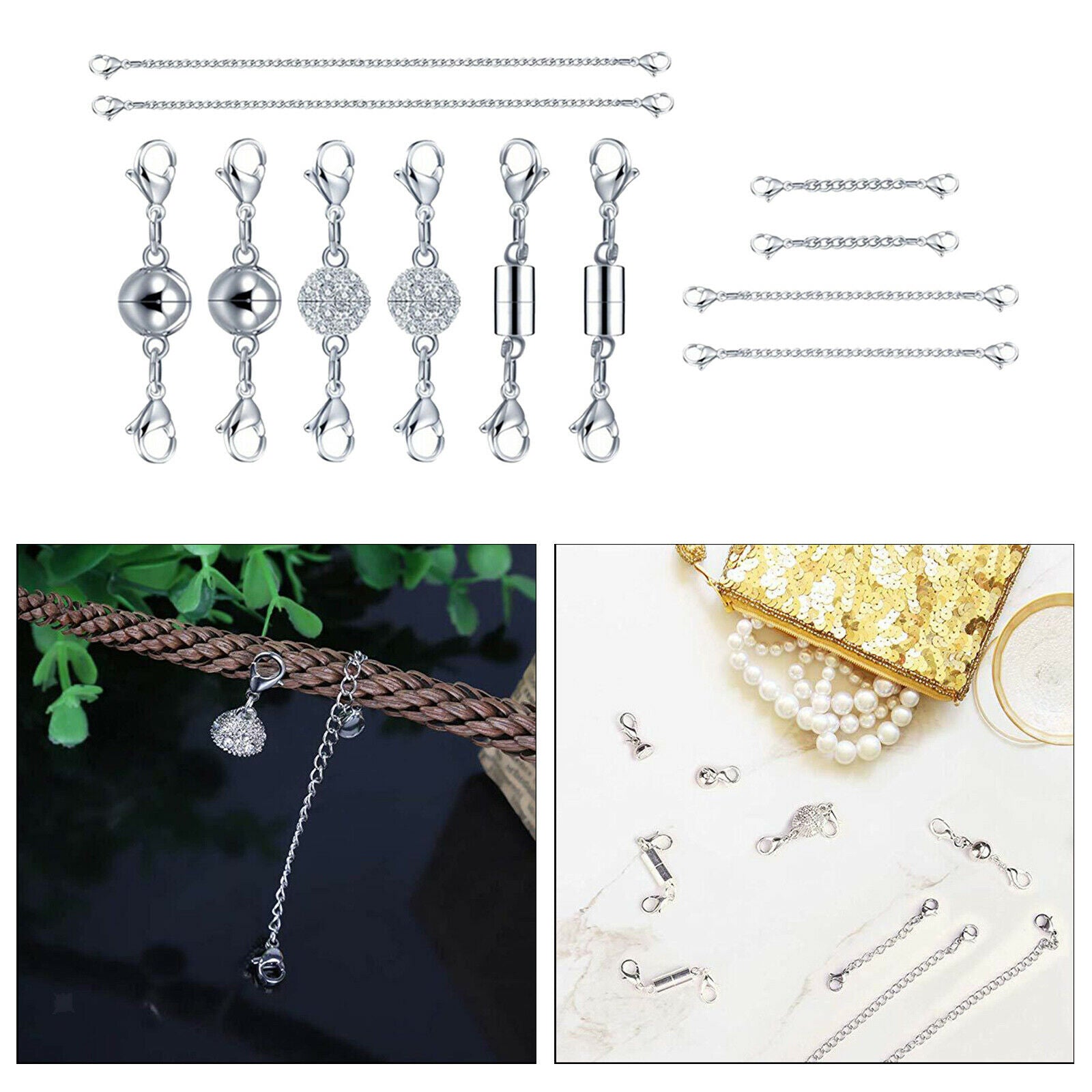 12Pcs Jewelry Necklace Magnetic Clasps Bracelet Chain Extenders Rhinestone