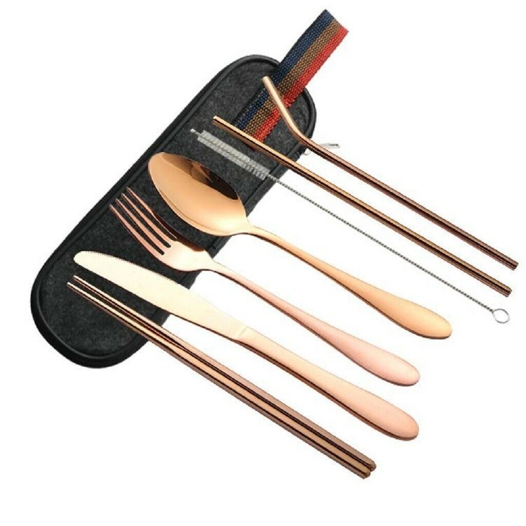 7pack Protable Cutlery Tableware with Bag Fork Curved/Stright Straws Picnic