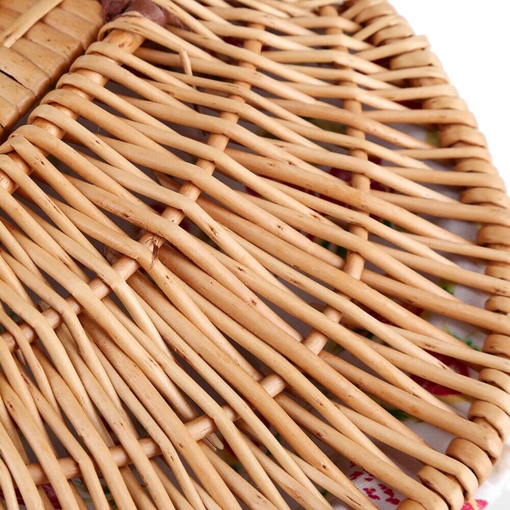 Wicker Linen Picnic Basket Food Storage Hamper Wooden Handle Camping Handmade