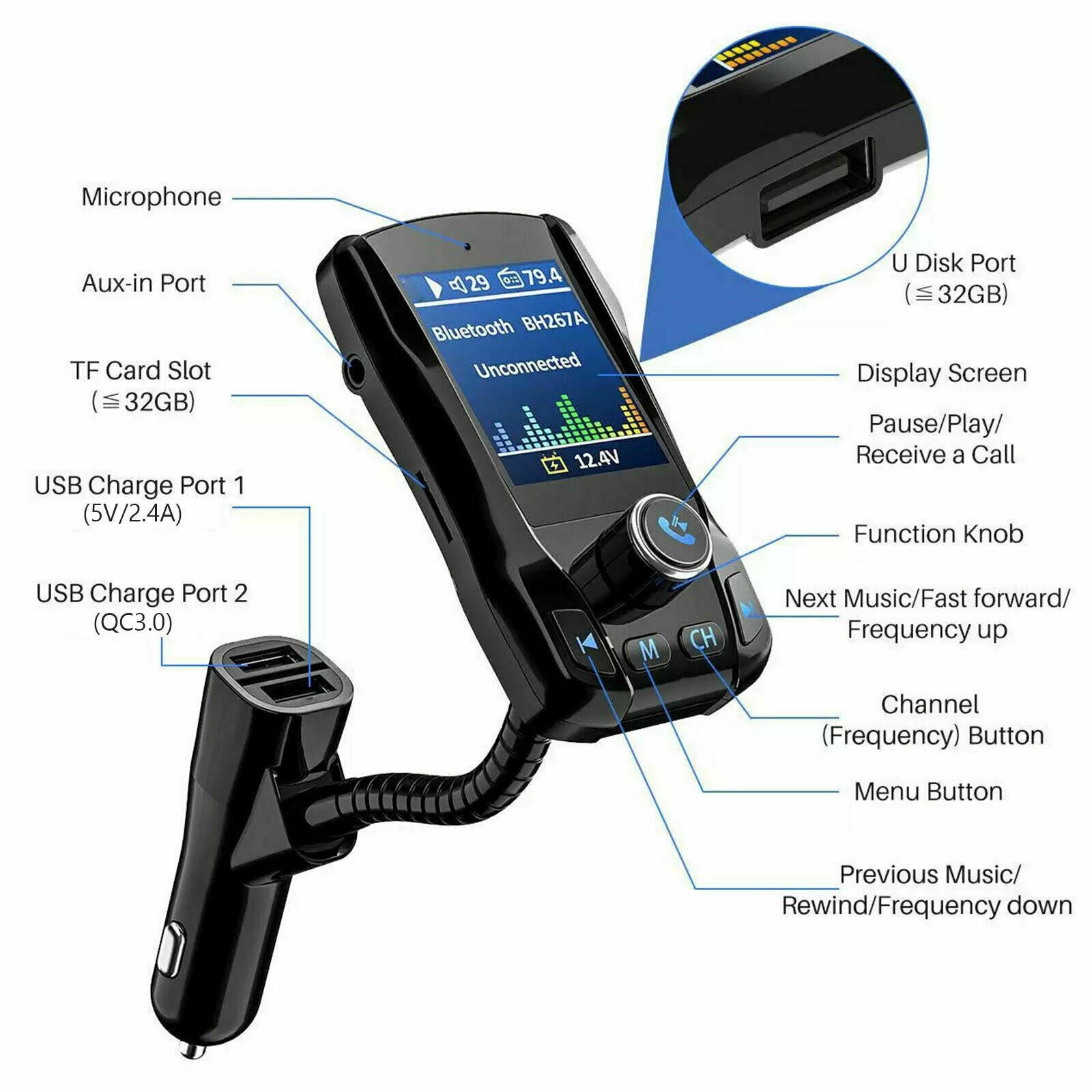 1.8 inch Car Bluetooth 5.0 FM Transmitter MP3 Wireless Adapter Dual USB Charger