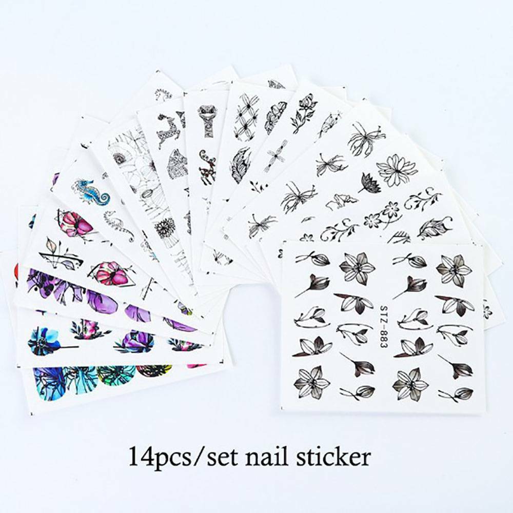 14Pcs Flower Nail Stickers Water Transfer Decals Manicure Nail Art Decor new us~