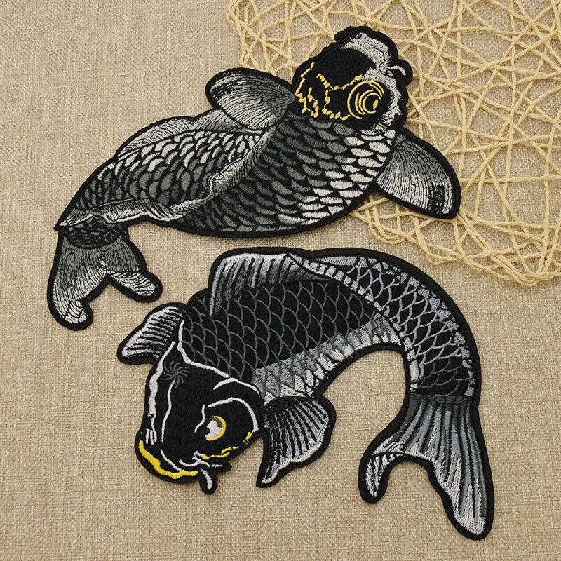 2 Pcs Koi Fish Japanese Sew Iron On Patches Embroidered DIY Applique Black Carp