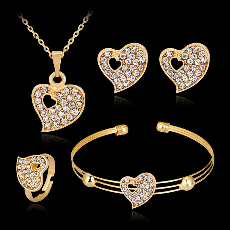Fashion Jewelry Sets Crystal Heart Necklace Bangle Ring Earrings Wedding .l8