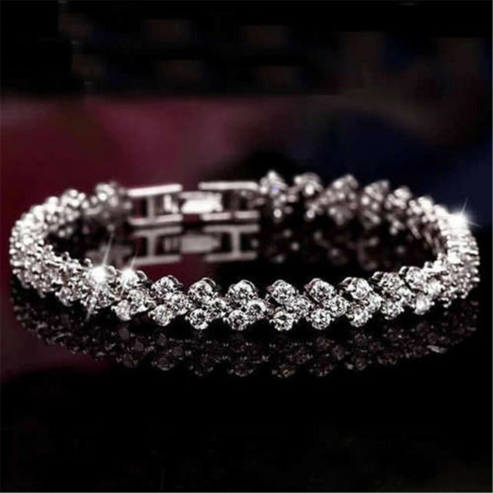 Women Crystal Diamante Rhinestone Gem Bridal Wedding Tennis Bracelet Jewelry