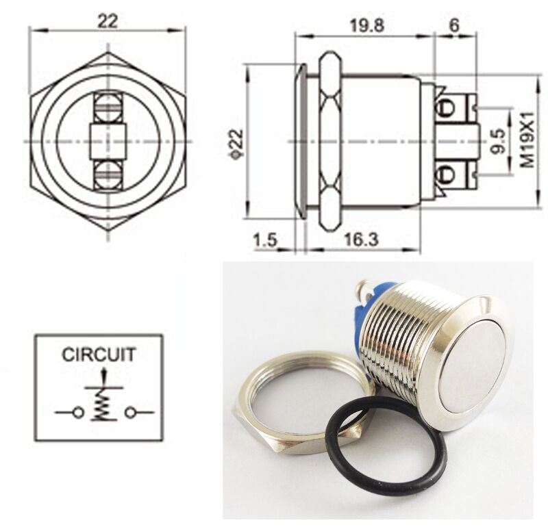 1pc Metal Flat Push Button Momentary Horn Waterproof Switch 250V 19mm QN19-A1