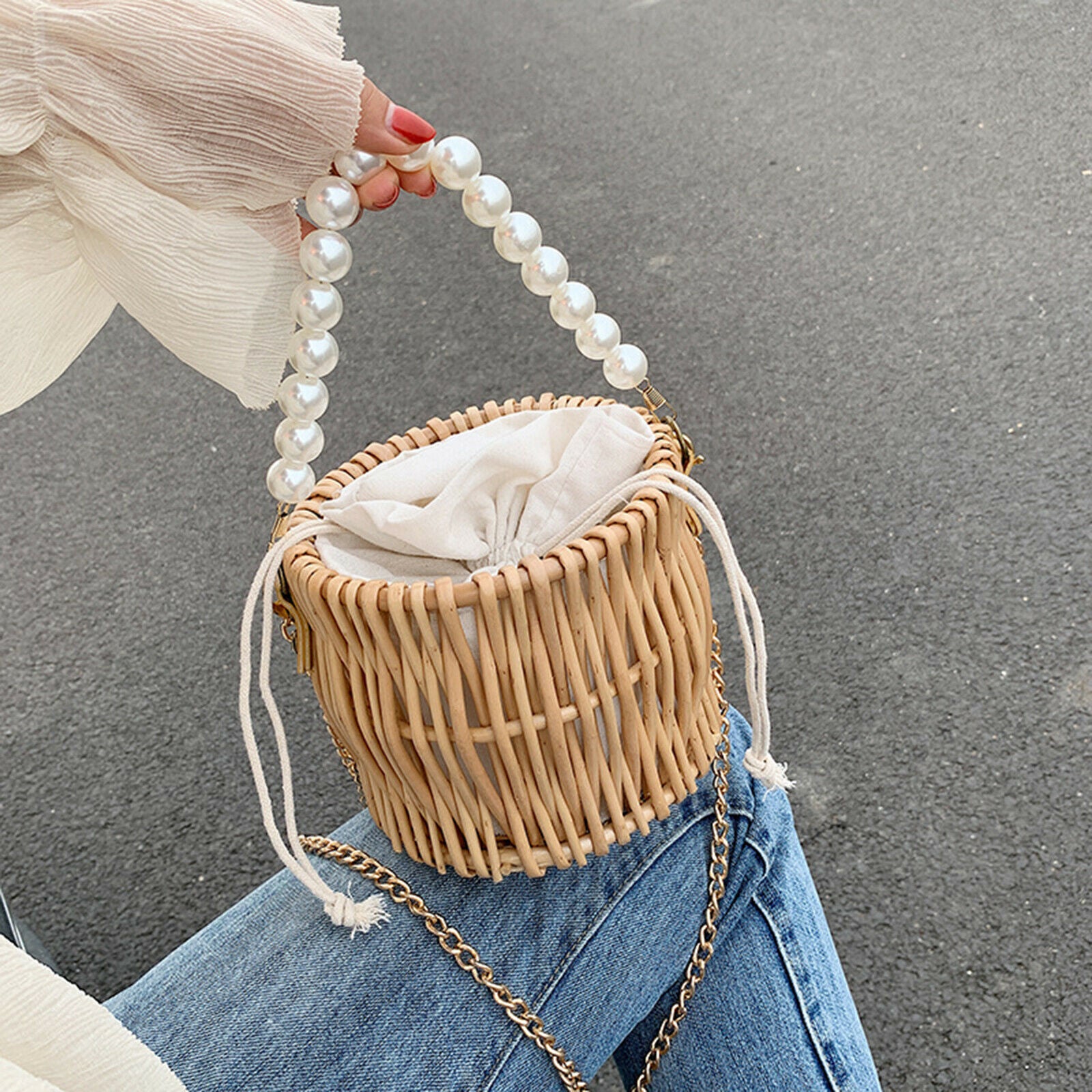 Hand Woven Rattan Straw Bag Crossbody Handbag Shoulder Bags Small Bucket Bag