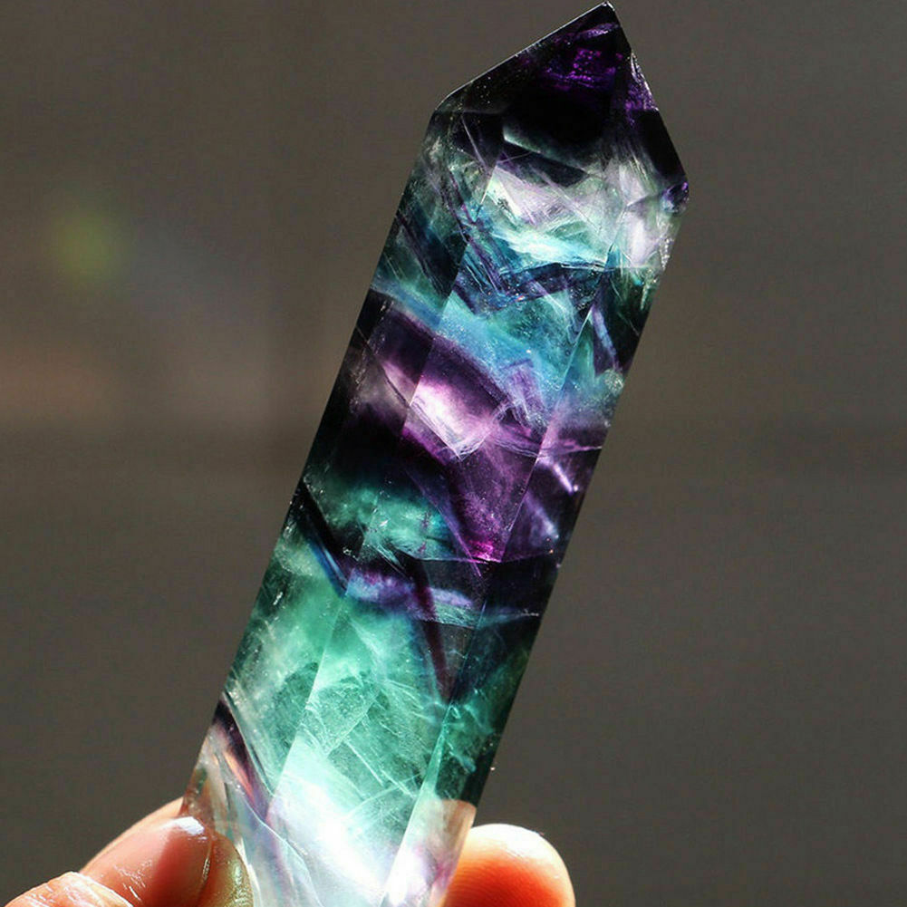 US 100% Natural Rainbow Fluorite Quartz Crystal Wand Point Healing Stone 50~60MM