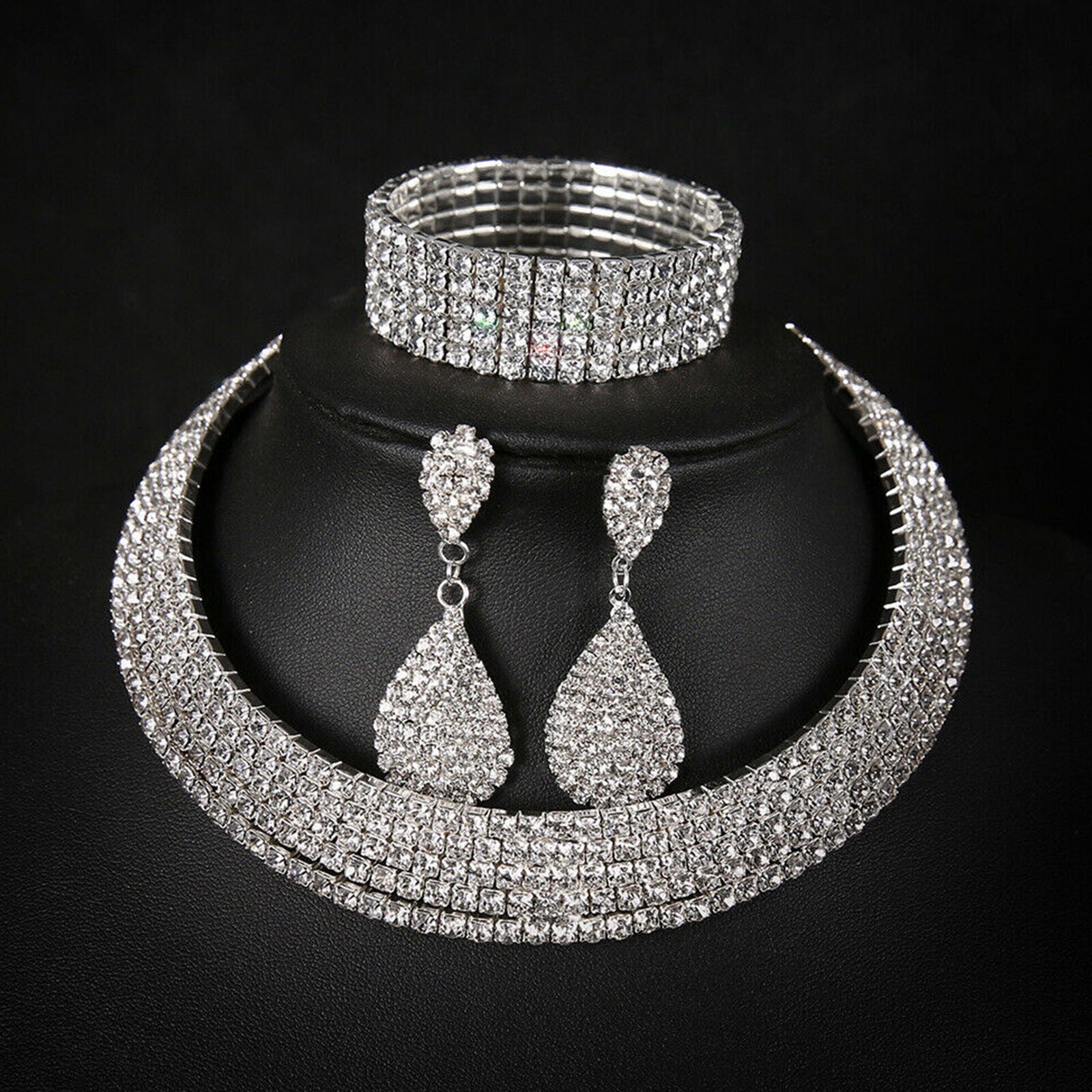 Rhinestone Jewelry Set Bride Ladies Crystal Necklace Earring Bracelet Wedding
