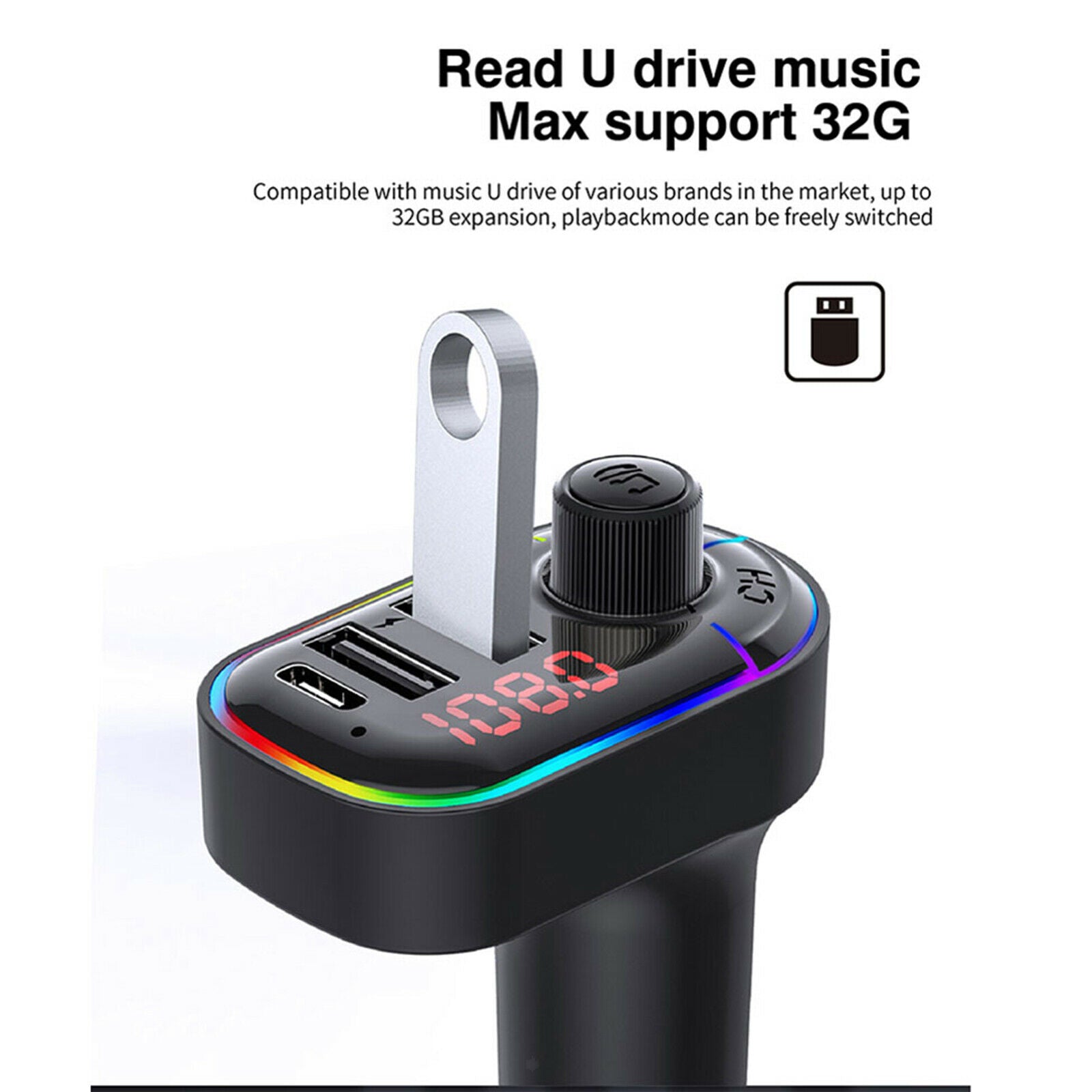 Bluetooth Fast Car Charger FM Transmitter 7 Color LED Light Dual USB Port