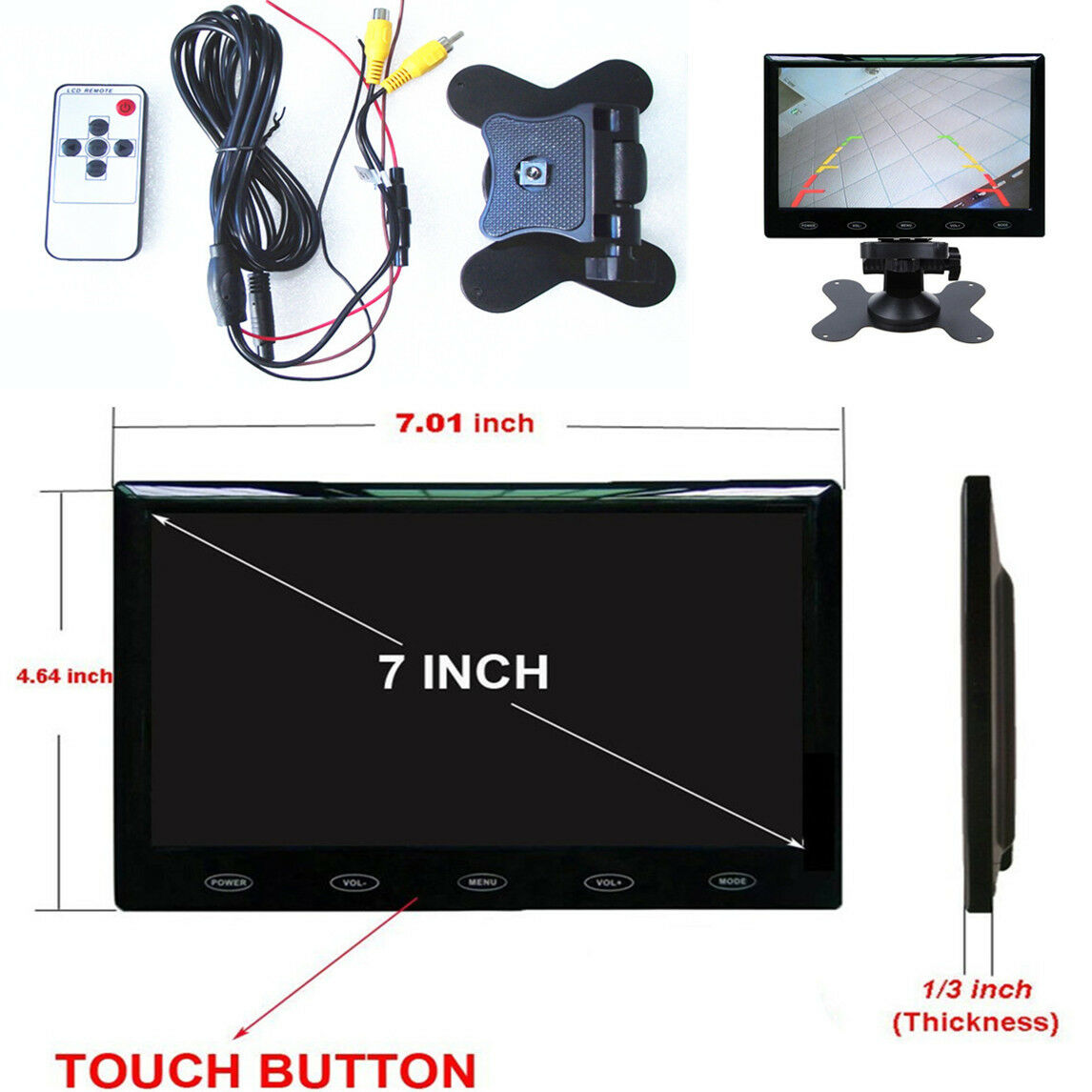 7" TFT LCD Display Car Rear View Monitor Ultra Thin HDMI VGA  with Bracket 12V