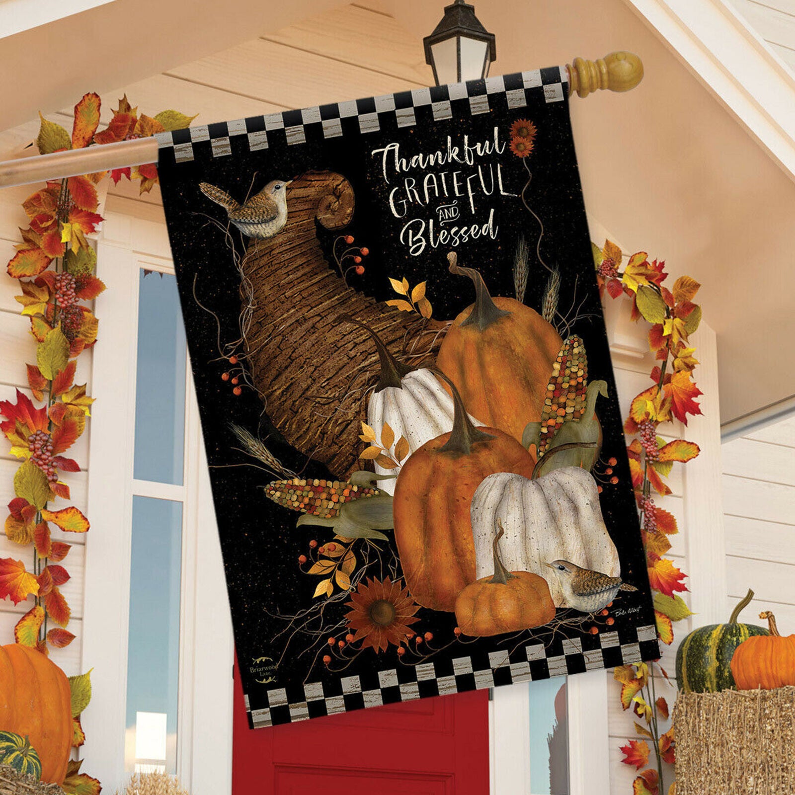 Thankful, Grateful, Blessed Fall House Flag Primitive Autumn Pumpkins 28" x 40"