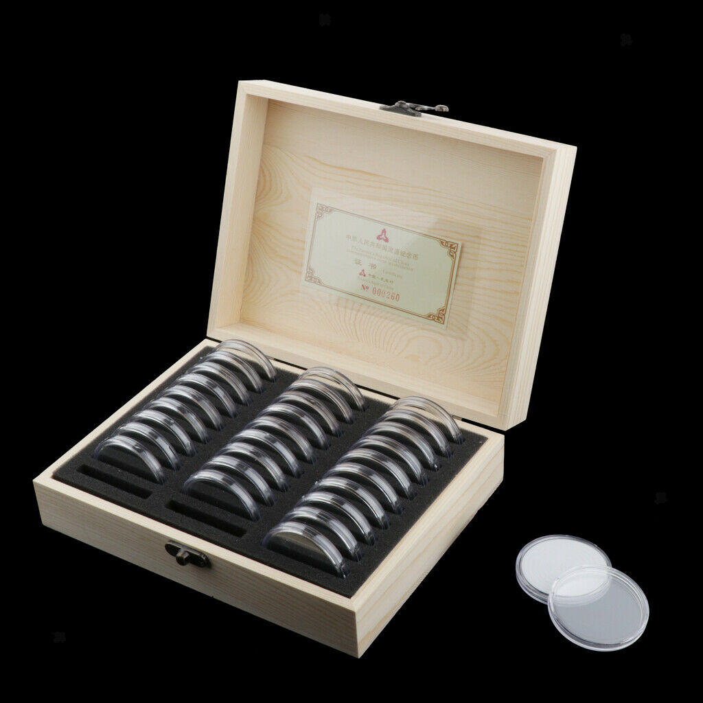 30pcs Transparent Coin Capsules Protection Display Holders with Wooden Box for