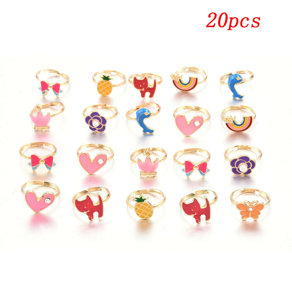 20Pcs/Set Girl Kids Cartoon Adjustable Rings Crystal Ring Jewelry Cute Xmas Gift