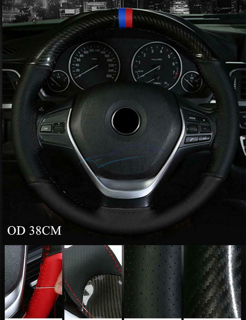 Glossy Carbon Fiber&Black Car Steering Wheel Cover Trim For 38cm Diameter Models
