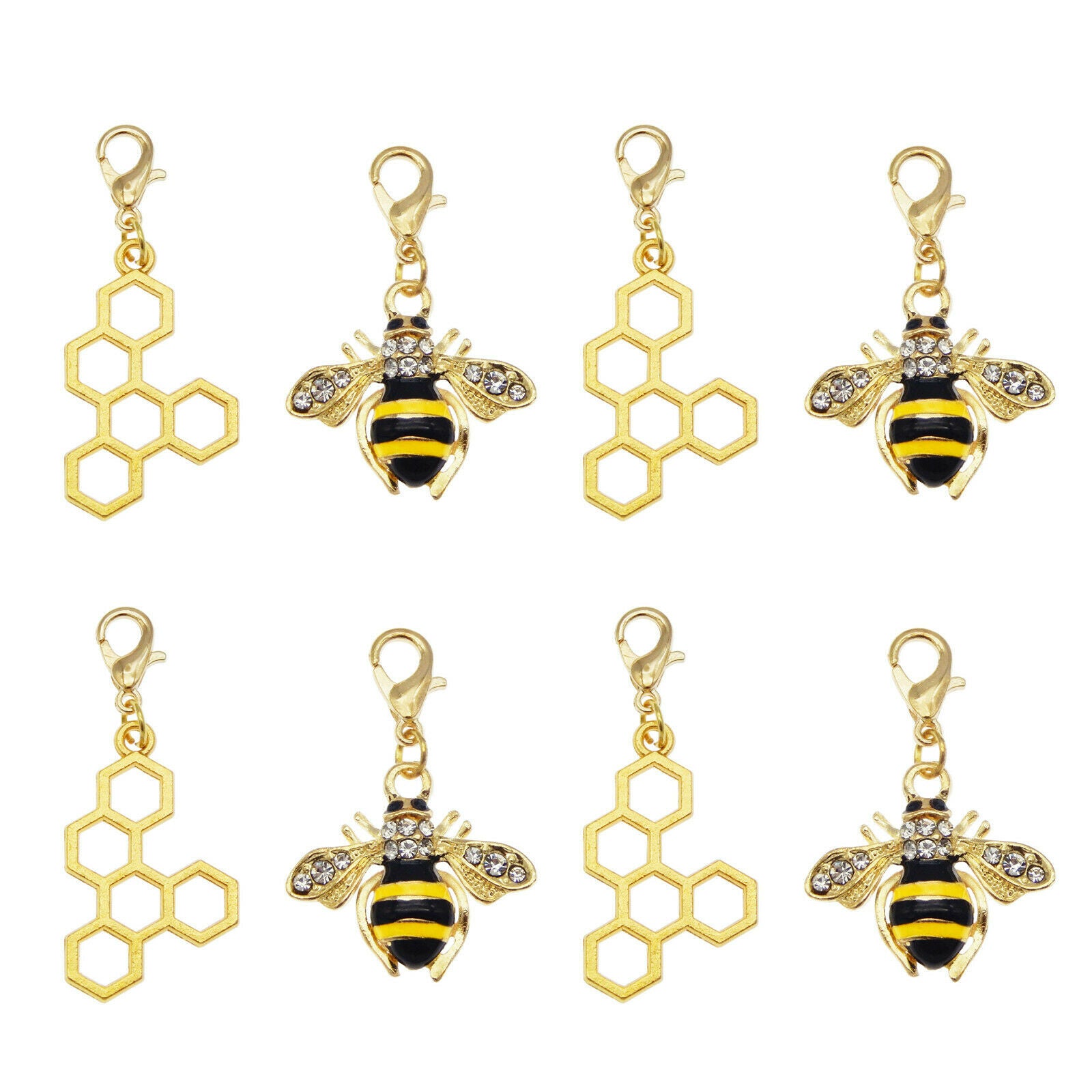 12PCS Alloy Honeycomb Enamel Charm Bee Rhinestone Pendant Lobster Clasp Jewelry