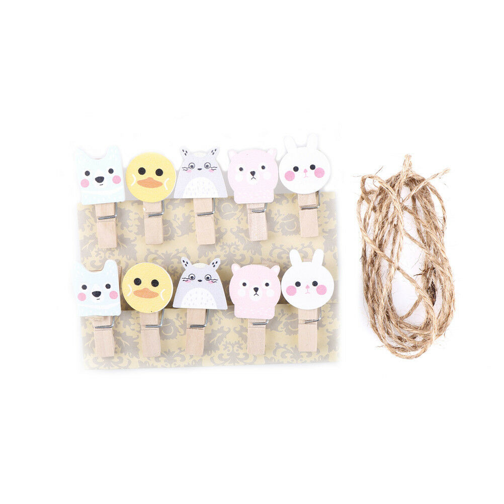 10x lovely color animal wooden clip photo paper craft diy clips with hemp.l8